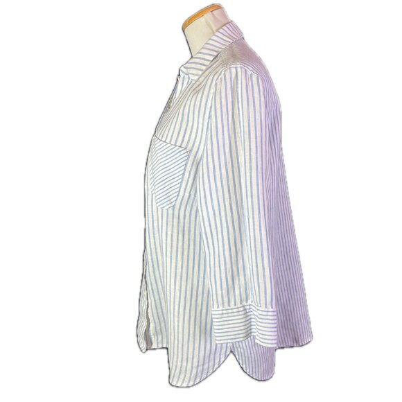 Chico's Size 1.5 (US 10) No-Iron Button-Up Shirt Striped Blue White Linen - Picture 5 of 11
